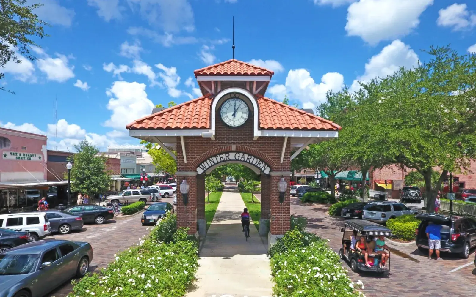 Downtown Winter Garden, FL clock tower and Plant Street shops near CleanieUp's office