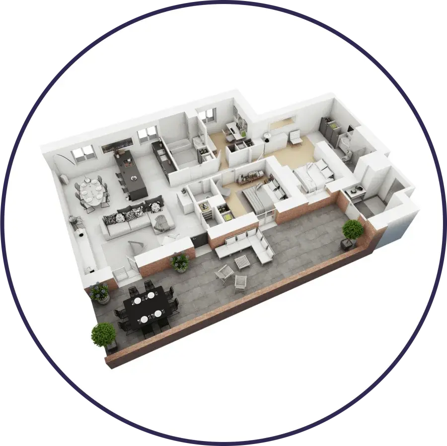 3D floor plan of a home showing the kitchen, living room, bedroom, bathroom, and laundry room CleanieUp cleans in Winter Garden, FL