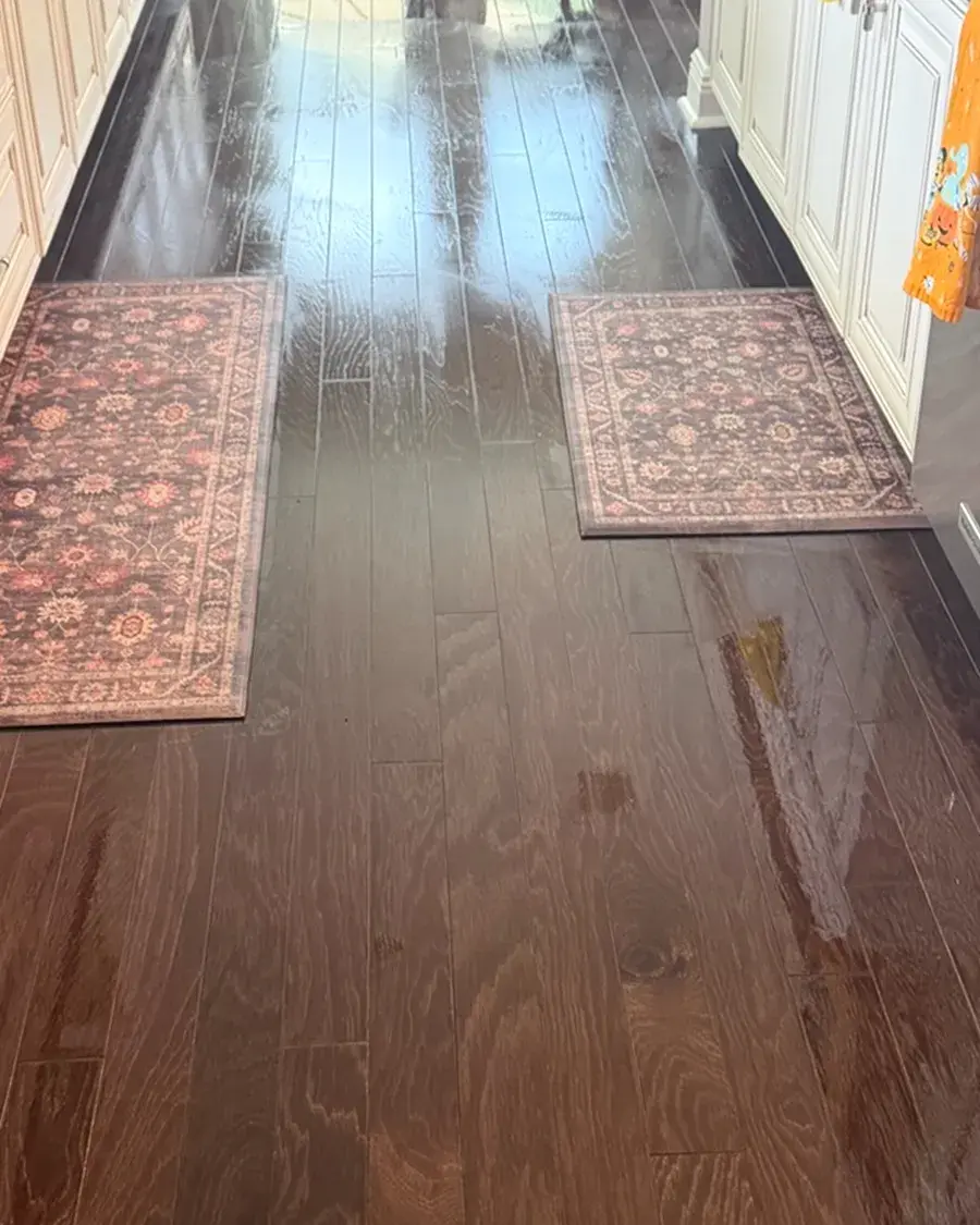 Polished hardwood floors and runner rugs in a hallway after a biweekly house cleaning in Oakland, FL