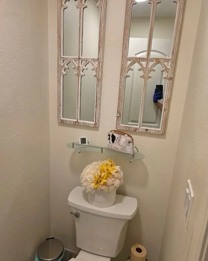 Half bathroom with a floral arrangement and wall mirrors after a monthly house cleaning in Oakland, FL