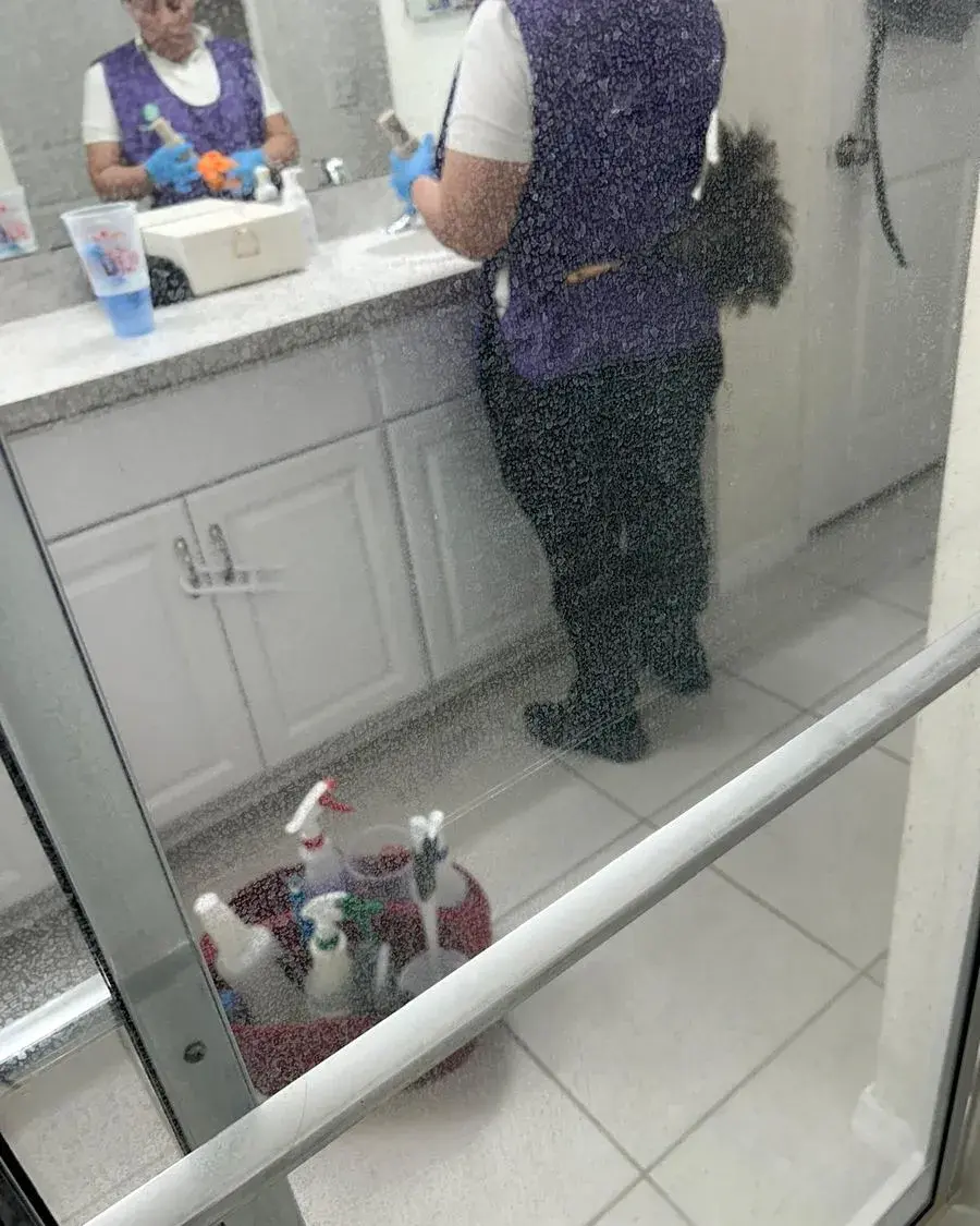 CleanieUp cleaner scrubbing a bathroom vanity during a deep cleaning in Winter Garden, FL