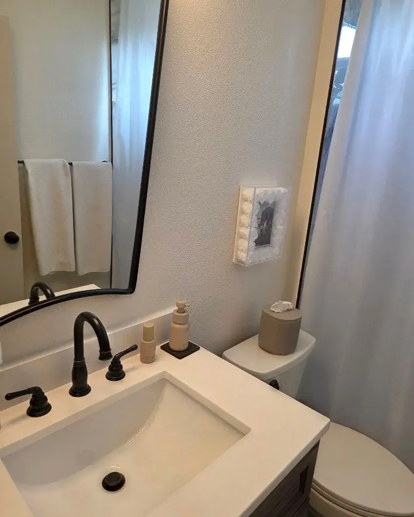Bathroom vanity with black fixtures and a wiped mirror after a monthly house cleaning in Ocoee, FL Bathroom vanity with black fixtures and a wiped mirror after a monthly house cleaning in Ocoee, FL